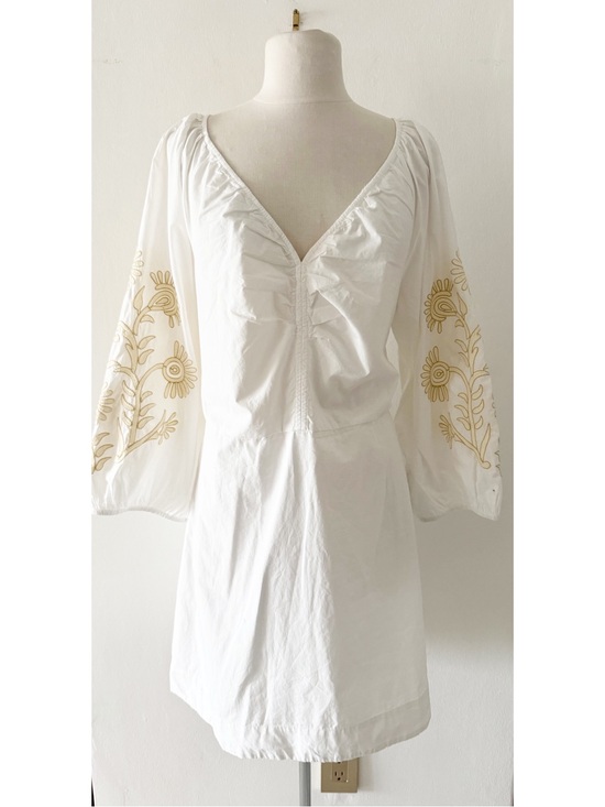 LOFT Dresses & Skirts - LOFT Floral Embroidered White Cotton Poplin Shirred Mini Dress Size 14